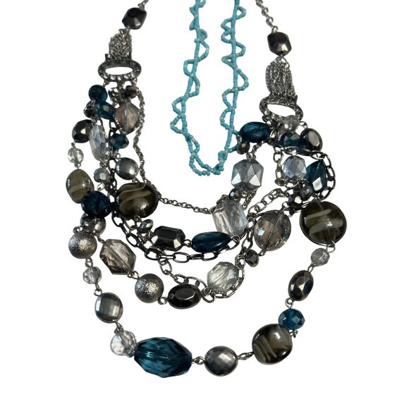Multi-Layered Necklace & Jewelry Set: Blue Beads Silver Bangles - Picture 2 of 8